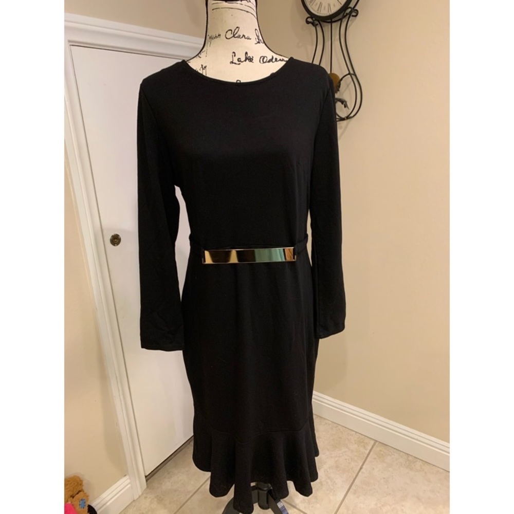 Black LS gold bar midi dress
